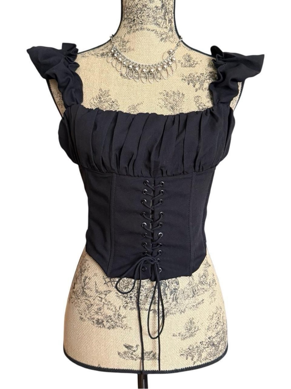 Princess Polly Black Ruffled Corset Top with Lace-Up Front Size 8